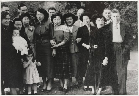 Japanese war brides and their husbands in the garden of Gordon Parker's parents' home. Ringwood 1953