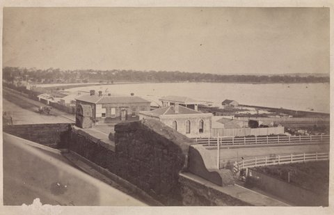 View of the south east corner of Swanston and Flinders Streets, Melbourne, c. 1863