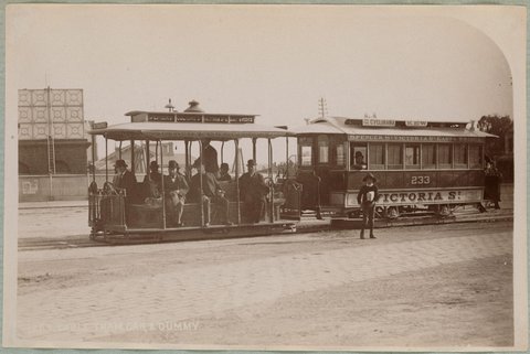 Cable tram car and dummy [in East Melbourne, with water tanks in the background], 1892–1900