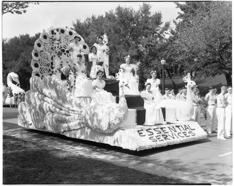 Front angled view of 'Essential Services' float, Queen Carnival Procession, Melbourne, 1941