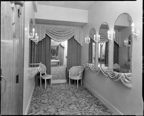 Carpeted hallway with chairs and mirrors, Regent Theatre, Collins Street, Melbourne, 1948