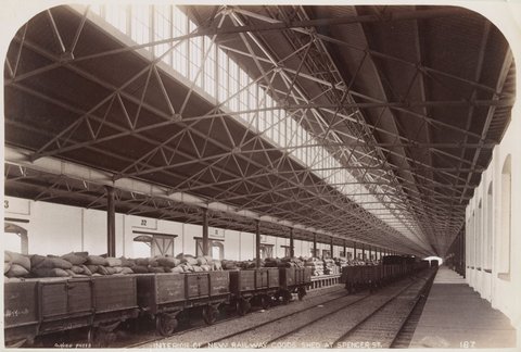 Interior of the new railway goods shed at Spencer St, 1892–1900