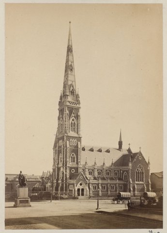 "Scotts i.e. Scots Church. Collins Street. shows Charles Summers' statue of Burke & Wills, in the intersection of Collins and Russell Streets, Melbourne", 1875