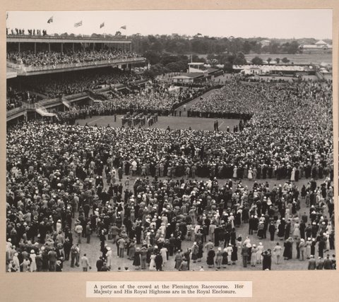 A portion of the crowd at the Flemington Racecourse. Her Majesty and His Royal Highness are in the Royal Enclosure, 1954