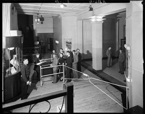 People queueing in foyer of Hoyts Barkly Theatre, Footscray, 1950