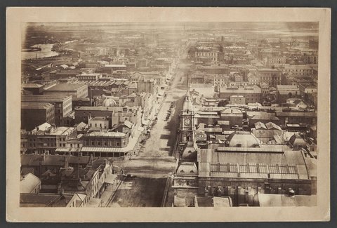 Looking West down Collins Street, showing Town Hall and Australasian Bank under construction, 1875