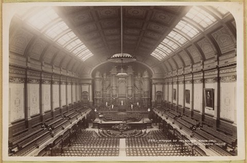 Interior of Melbourne Town Hall [looking towards organ], 1892–1900