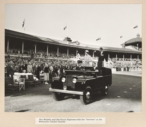 Her Majesty and His Royal Highness with the "Services" at the Melbourne Cricket Ground, 1954