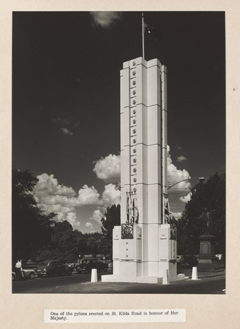 One of the pylons erected on St. Kilda Road in honour of Her Majesty, 1954