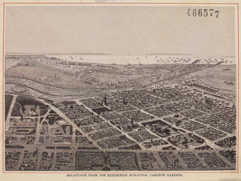 Melbourne from the Exhibition Buildings, Carlton Gardens, c. 1888