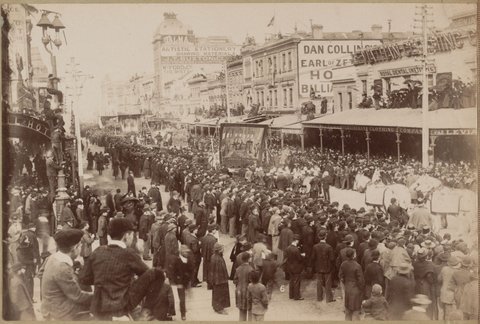 Procession in honour of Queen Victoria's Jubilee 1897. looking south west from the corner of Swanston & Bourke Street