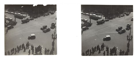 Elevated view the intersection of Flinders and Swanston Streets, Melbourne, 1940s