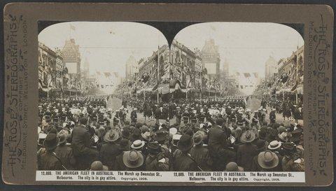 THE AMERICAN FLEET IN AUSTRALIA. The March up Swanston St., Melbourne. The city in gay attire, c. 1908