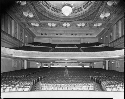 Stalls, dress circle and ceiling seen from stage, Regent Theatre, Collins Street, Melbourne, 1948