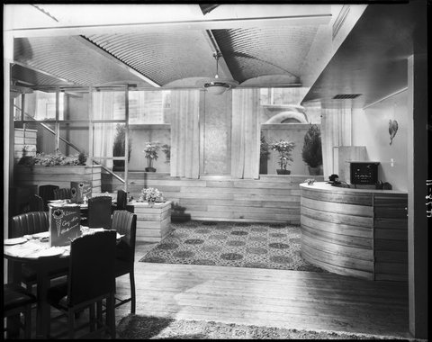 View from dining area to reception, Coq D'or Cafe, downstairs, 350 Little Collins St., Melbourne, 1946