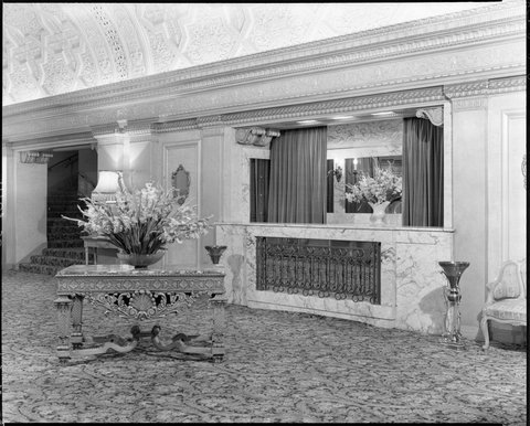 Foyer with desk and floral arrangements, Regent Theatre, Collins Street, Melbourne, 1948