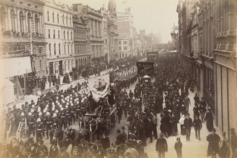 Centennial Exhibition Procession [looking west from the corner of Collins & Swanston Streets], 1888