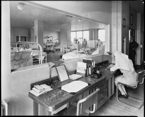 Interior view showing Sisters' Station, Royal Melbourne Hospital, 1945