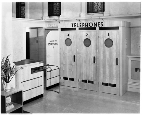 Telephone cubicles and toilet entrance, Clyde House, Collins Street, Melbourne, c. 1941