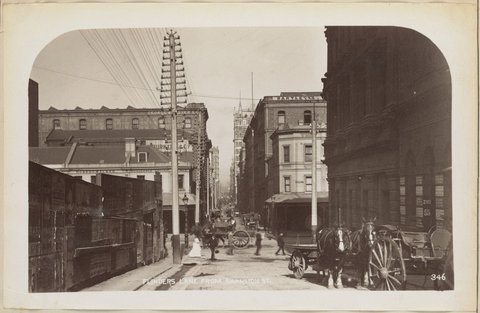 Flinders Lane from Swanston St, 1886–87