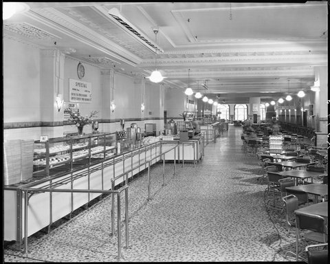 Coles cafeteria, 299-301 Bourke Street, Melbourne, looking north, c. 1953
