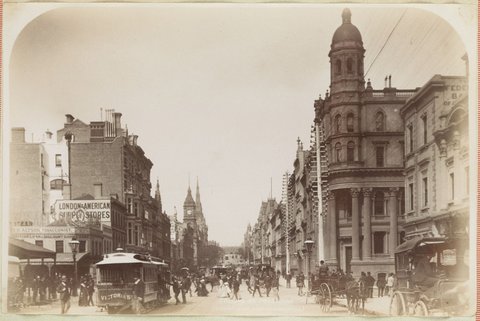 Collins St. Melbourne. Looking East from Elizabeth St, 1892–1900