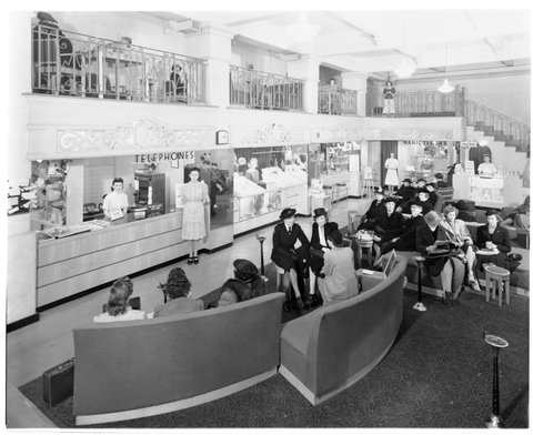 My Lady's Rest Lounge, 182 Collins Street, showing waiting area, Leg bar, Manicure bar, Hosiery repair counter, with attendants and customers, c. 1941
