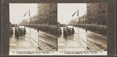 The Australian Expeditionary Force passing the Governor-General, in front on Parliament House, Melbourne, Vic, 1914–18
