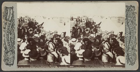 Duke of York Celebrations, Melbourne. A few Fijians Amongst an Admiring Crowd, Royal Park Encampment, 1901
