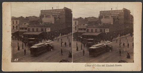 Corner of Collins and Elizabeth Streets, [Melbourne], 1855–1910