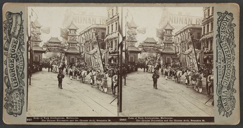 Duke of York Celebrations, Melbourne. The Chinese Procession and the chinese Arch, Swanston St, 1901
