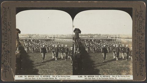 THE AMERICAN FLEET IN AUSTRALIA. One of the Visiting Crews, with their Band, at the Flemington Review, Vic, c. 1908