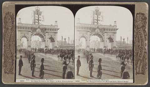 Duke of York Celebrations, Melbourne. The Royal Procession and Municipal Arch, Princes Bridge, 1901