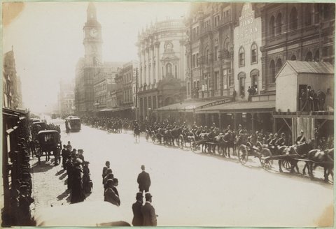 Unidentified procession in Elizabeth Street, looking north from Collins Street, 1892–1900