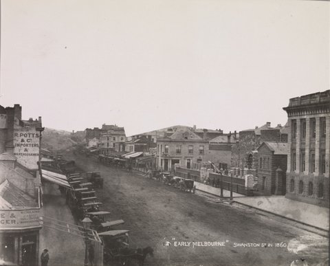 "Early Melbourne", Swanston St. in 1860
