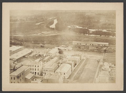 Looking South showing Flinders and Russell Streets, Yarra River and Government House, 1875