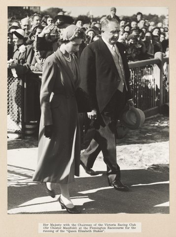 Her Majesty with the Chairman of the Victoria Racing Club (Sir Chester Manifold) at the Flemington Racecourse for the running of the "Queen Elizabeth Stakes.", 1954