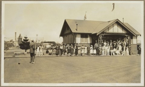 Mr J M Joshua addressing Bowlers at opening of bowling green [at Bryant & May, Richmond], 1932