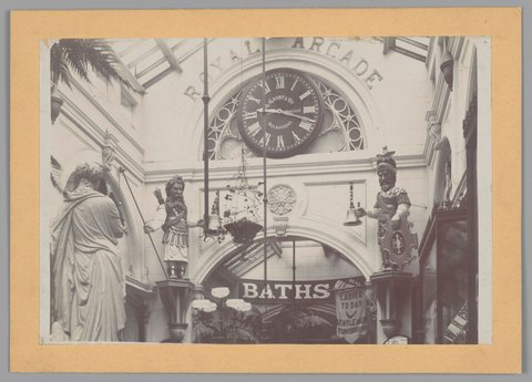 View of the clock in the Royal Arcade, Melbourne, 1892–1927