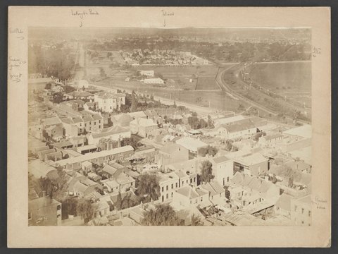 Looking South-east showing Flinders Street, Wellington Parade and Jolimont, 1875