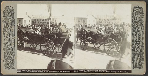 Duke of York Celebrations, Melbourne. The Duke and Duchess in the Royal Carriage, St. Kilda Pier, 1901