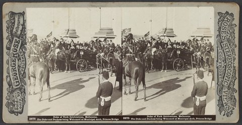Duke of York Celebrations, Melbourne. The Duke and Duchess being Welcomed at Municipal Arch, Princes Bridge, 1901