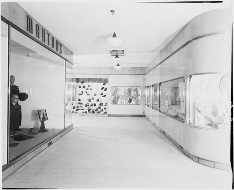 Corridor with display cabinets and menswear, Manton's Department Store, Bourke Street, Melbourne, c. 1943