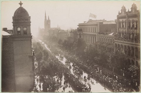 Reception of His Excellency the Earl of Hopetoun...28th November 1889 [showing the north corner of Collins and Russell Streets]