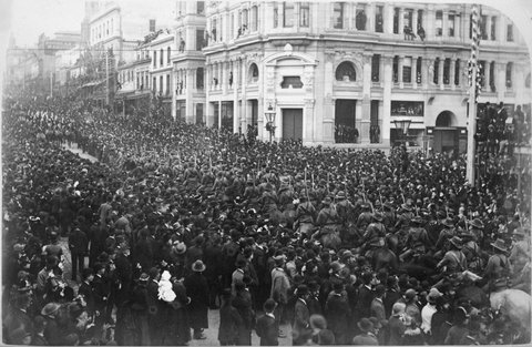 Centennial Exhibition Procession [looking south east from the corner of Collins & Swanston Streets], 1888