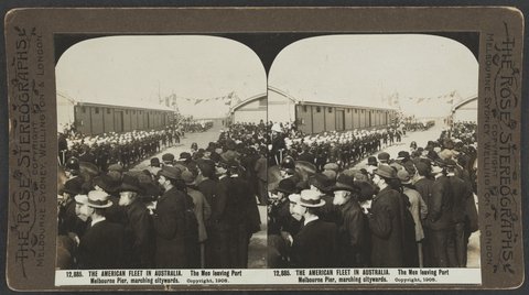 THE AMERICAN FLEET IN AUSTRALIA. The Men leaving Port Melbourne Pier, marching citywards, c. 1908