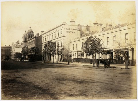 View of Collins Street East, south side, showing Oriental Hotel and Grosvenor Chambers, 1888?