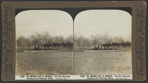 THE AMERICAN FLEET IN AUSTRALIA. The U.S.S. New Jersey steaming up Port Phillip Bay, Victoria, c. 1908