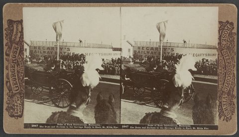 Duke of York Celebrations, Melbourne. The Duke a d Duckess in the Carriage Ready to Start, St. Kilda Pier, 1901