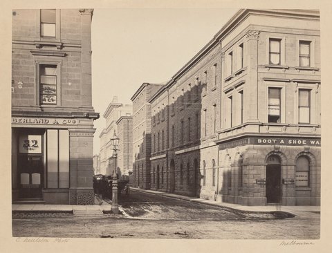 Flinders Lane looking east from Elizabeth St. 1866